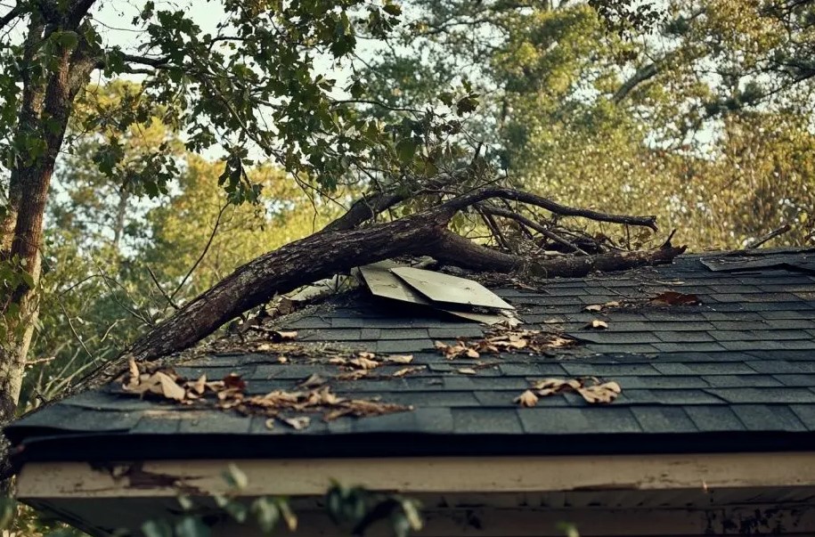Storm-damaged North Alabama roof being assessed by Yarco Roofing for insurance claim